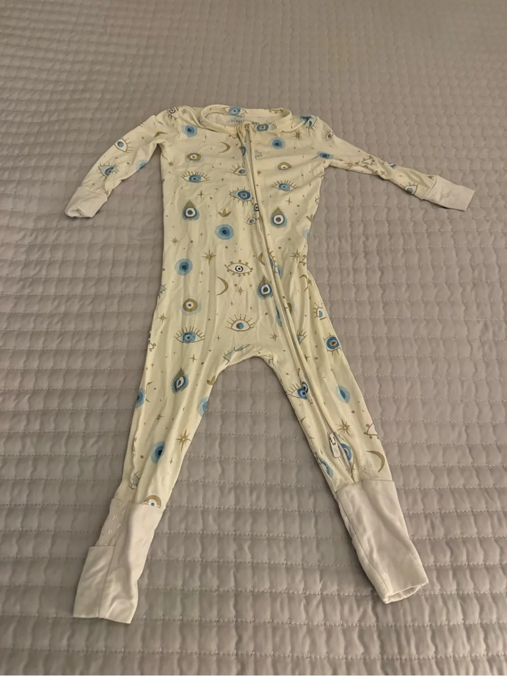 Posh Peanut Cream One-Piece Footie with Blue & Gold Celestial Print